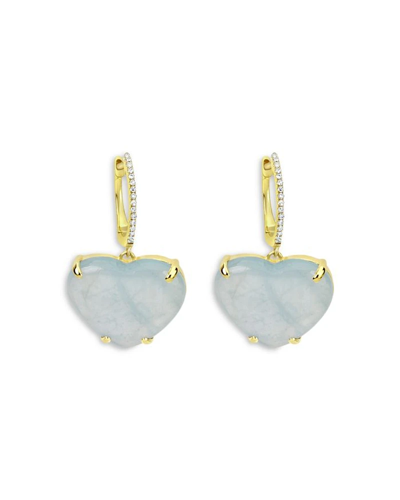 14K Yellow & White Gold Milky Aqua & Diamond Heart Drop Earrings