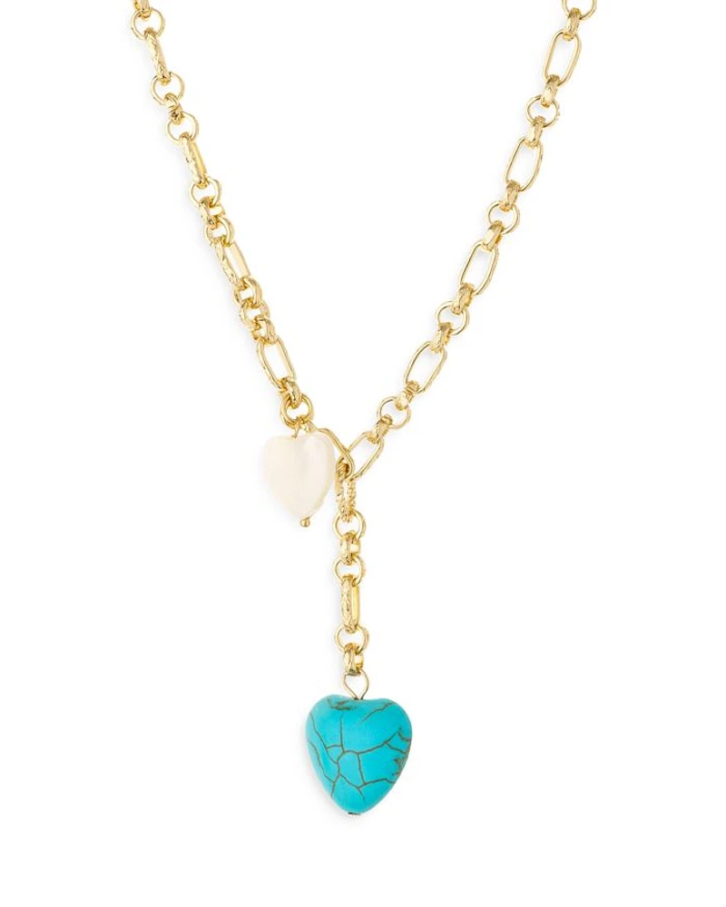 Turquoise & Mother of Pearl Heart 18K Gold Plated Lariat Necklace, 15"
