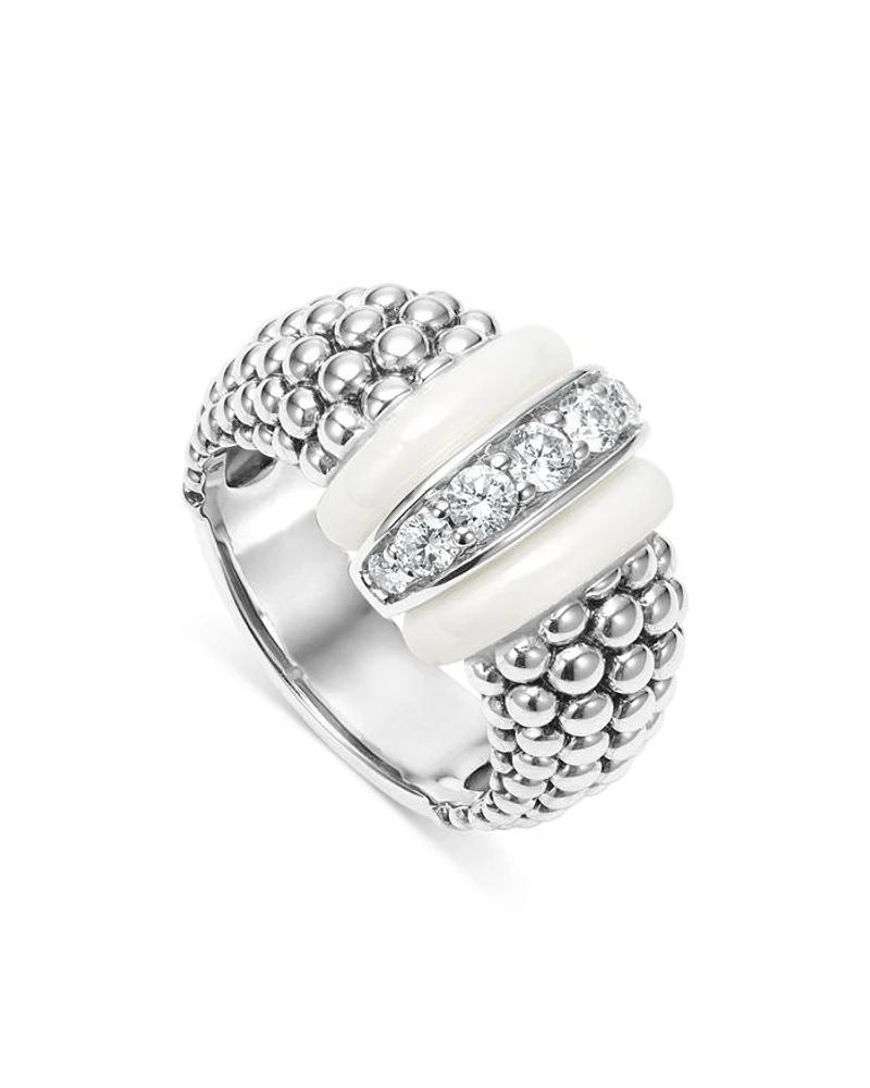 Ceramic & Sterling Silver White Caviar Diamond Ring