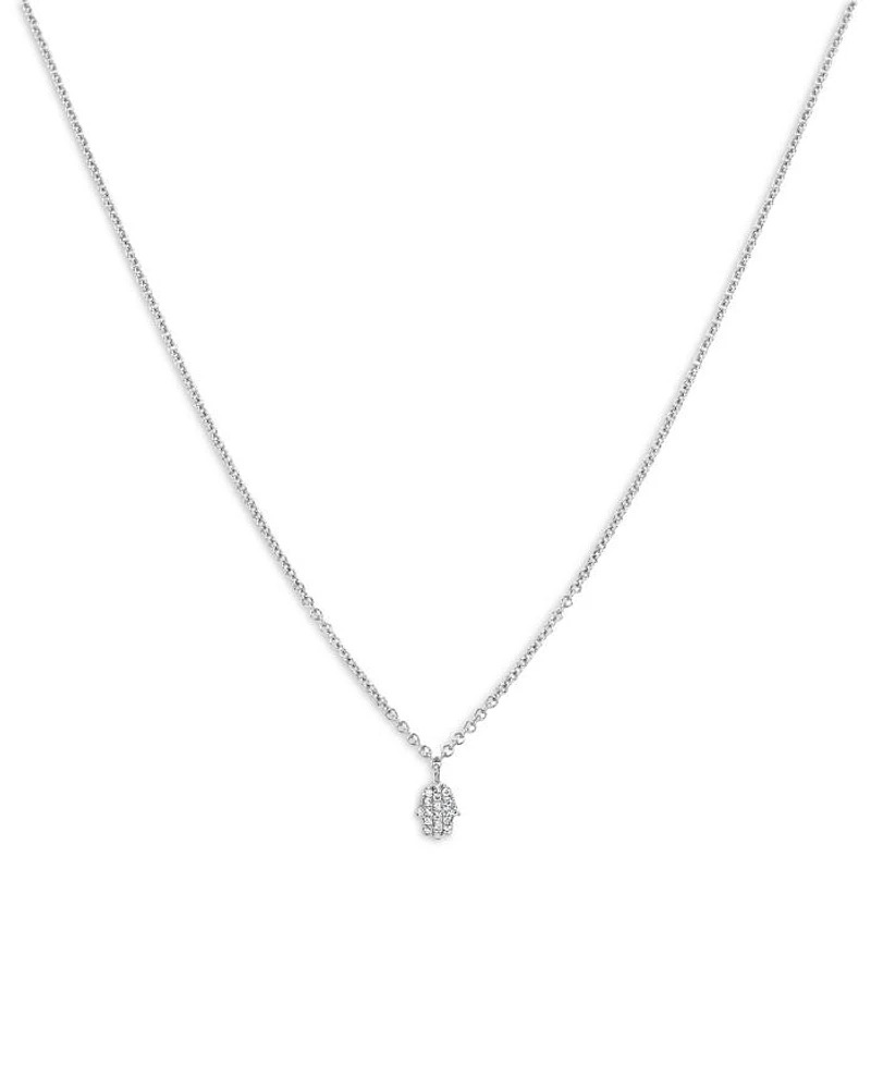 14K White Gold Mini Diamond (0.04 tcw) Hamsa Hand Pendant Necklace, 18"