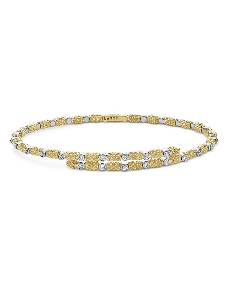 18K White & Yellow Gold Signature Caviar Diamond Superfine Cuff Coil Bracelet