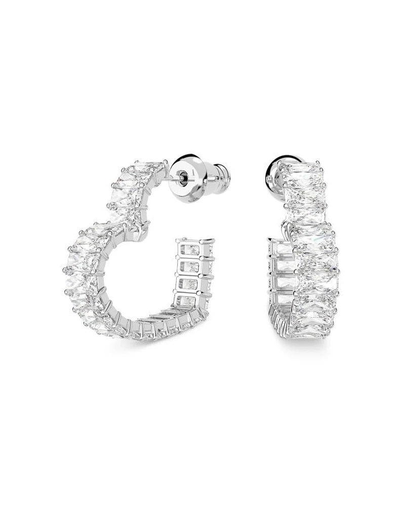 Matrix Baguette Crystal Small Heart Hoop Earrings in Rhodium Plated