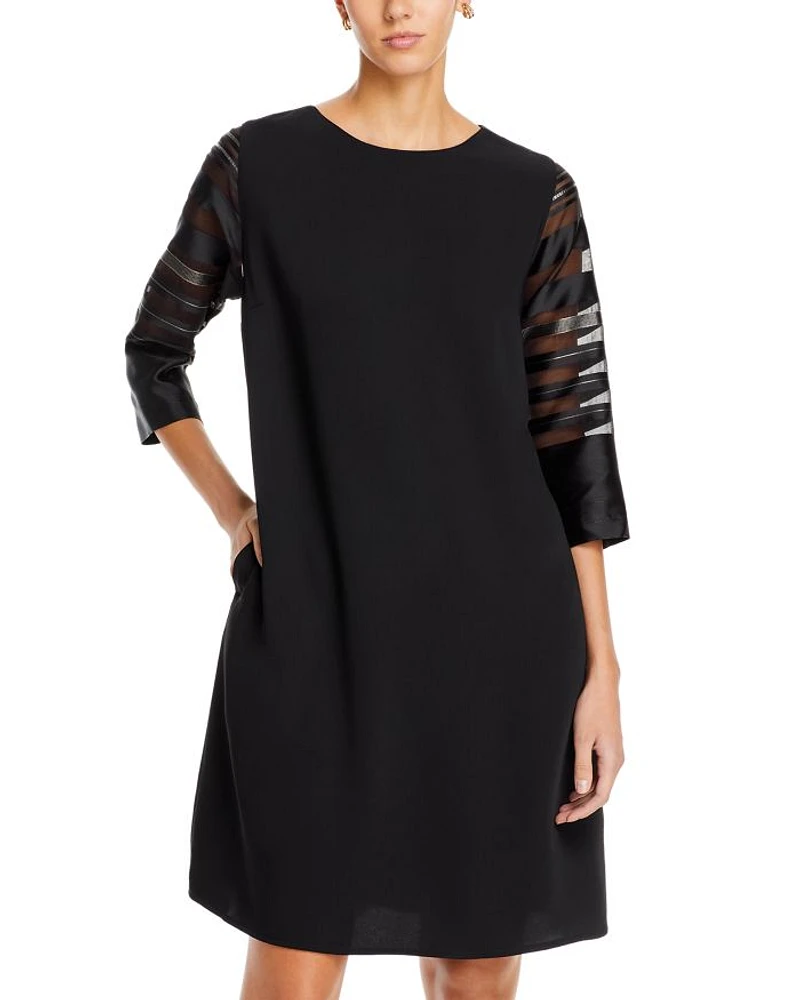 Sheer Stripe Sleeve Crepe Shift Dress
