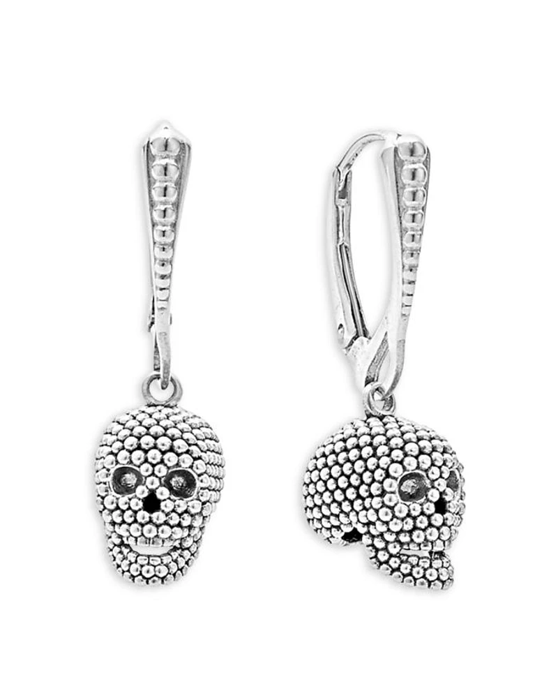 Sterling Silver Rare Wonders Caviar Bead Skull Drop Earrings
