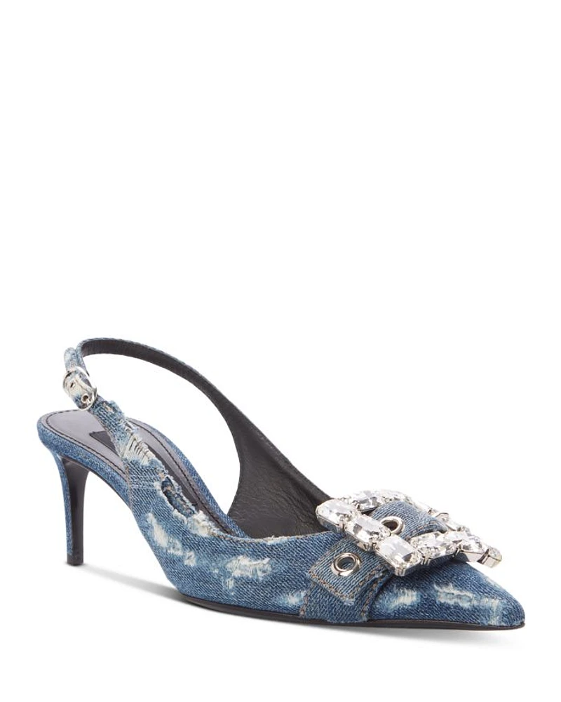 Women's Distressed Denim Kitten Heel Slingback Pumps