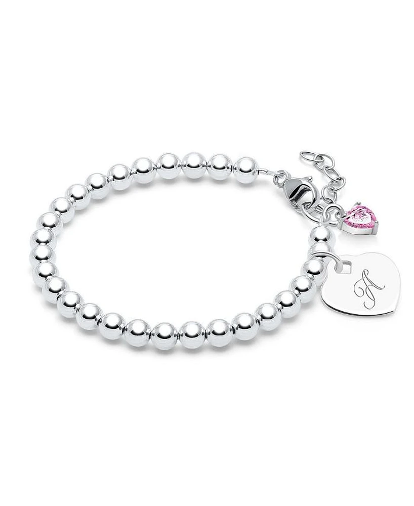 Children's Sterling Silver 4mm Beads & Engraved Initial Girls' 6.25" Bracelet