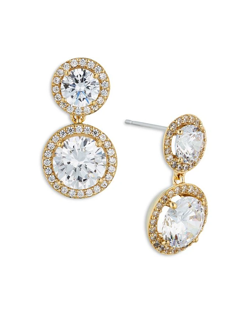 Round Double Halo Drop Earrings 18K Gold Plated or Rhodium