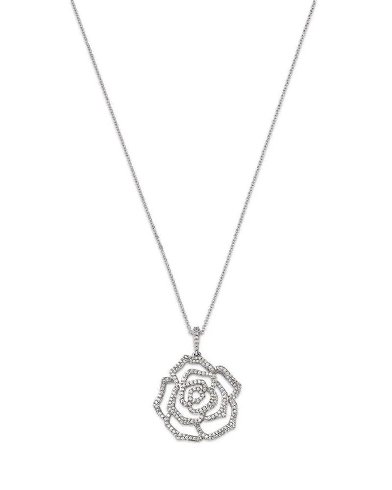 Diamond Rose Flower Pendant Necklace in 14K White Gold, 0.50 tcw
