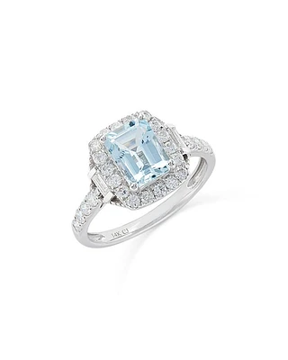 Aquamarine & Diamond Halo Ring in 14K White Gold