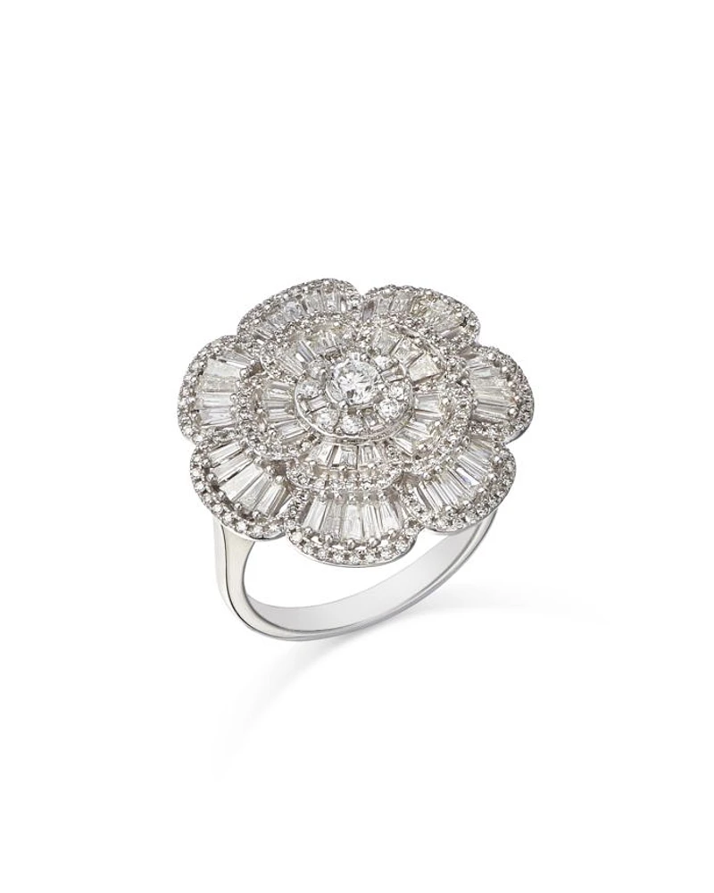 Diamond Round & Baguette Flower Ring in 14K White Gold, 1.50 tcw