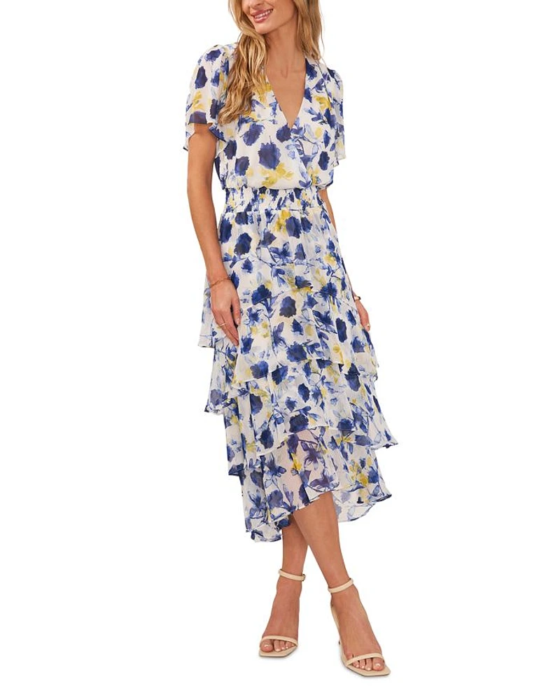 Floral Print Flutter Sleeve Tiered Ruffle Midi Dress