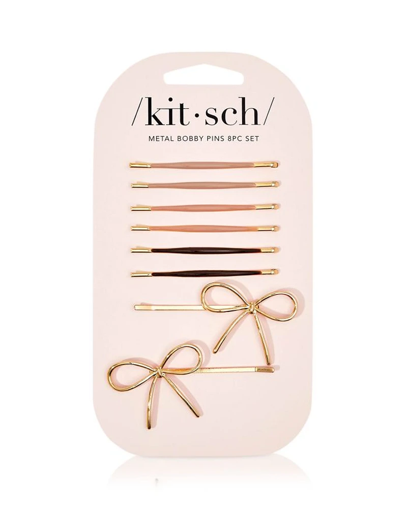 Metal Enamel Puffy & Bow Bobby Pins - Rosewood, Set of 8