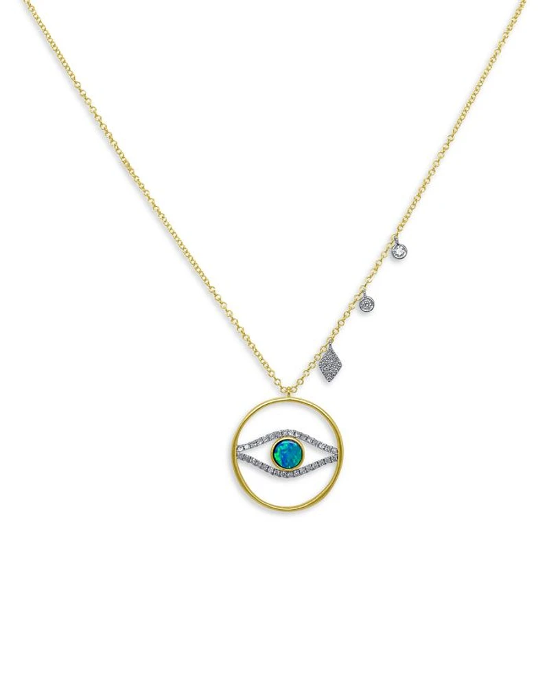 14K Yellow Gold & 14K White Gold Opal & Diamond Evil Eye Circle Necklace, 18"