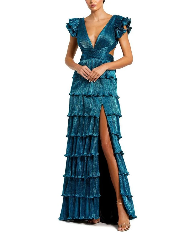 Ruffle Tiered Criss Cross Lace Up Gown