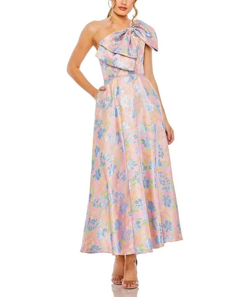 One Shoulder Embroidered Floral A Line Dress