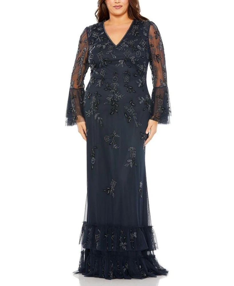 Plus V Neck Embellished Flutter Tiered Long Sleeve Gown