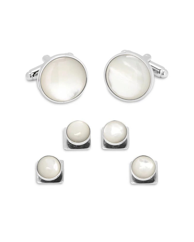 Silver-Tone Mother-of-Pearl Stud & Cufflink Set