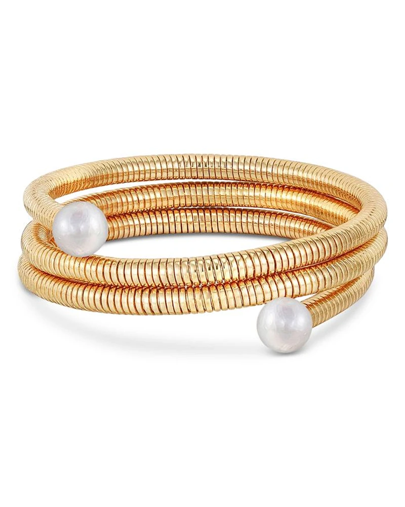 Imitation Pearl Spring Band Flex Coil Bracelet in 18K Gold Plated