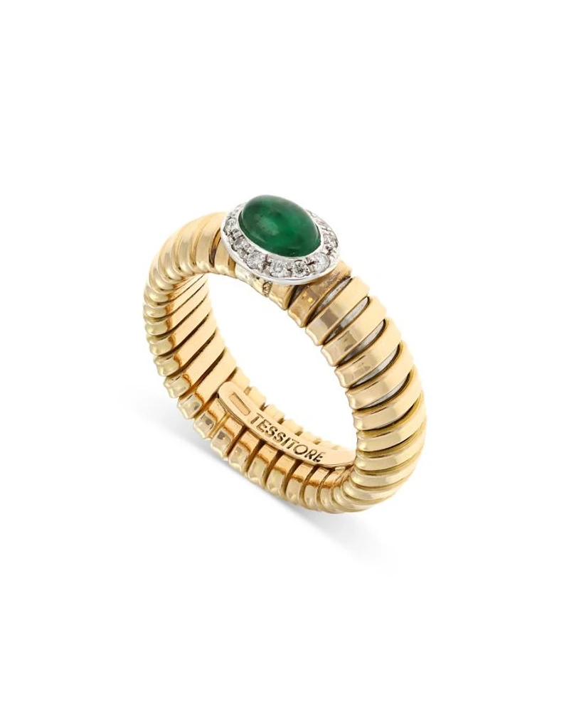18K Yellow Gold Via Giardino Tubogas Domed Emerald Cabochon & Diamond Ring