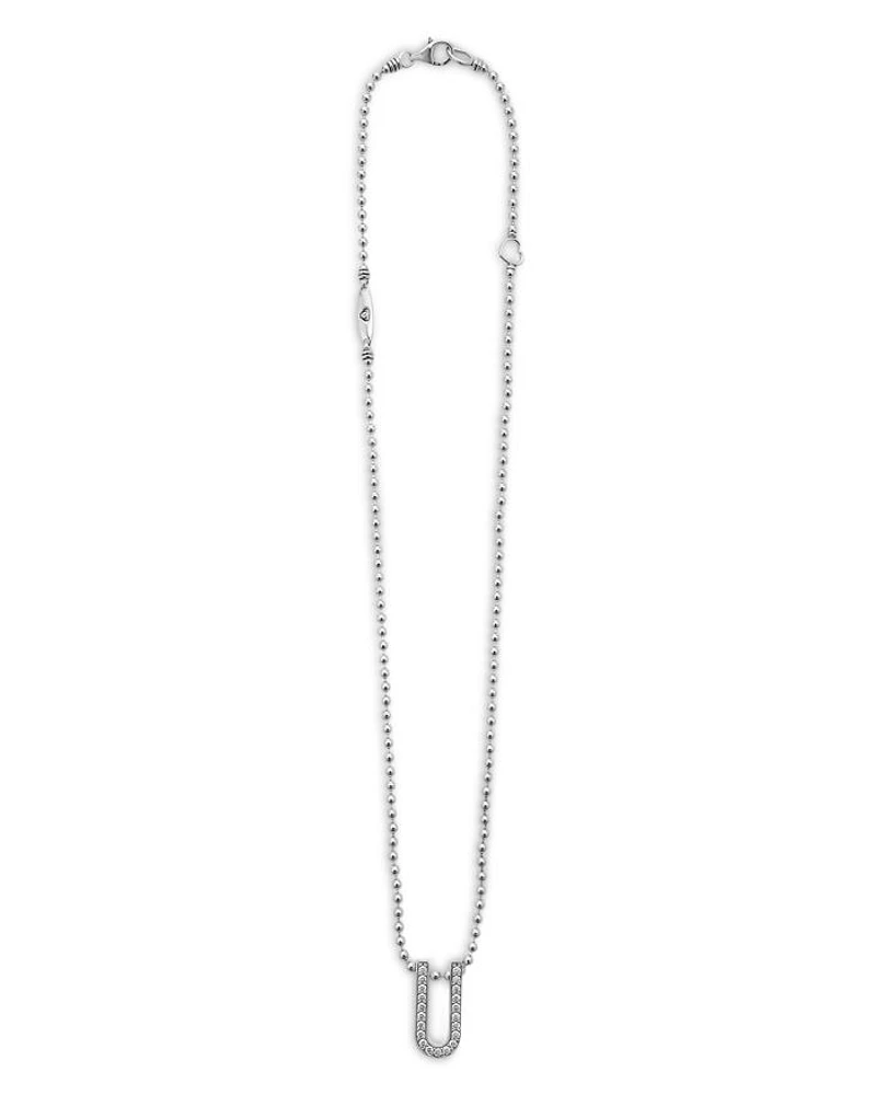 Sterling Silver Caviar Spark Diamond U Pendant Necklace