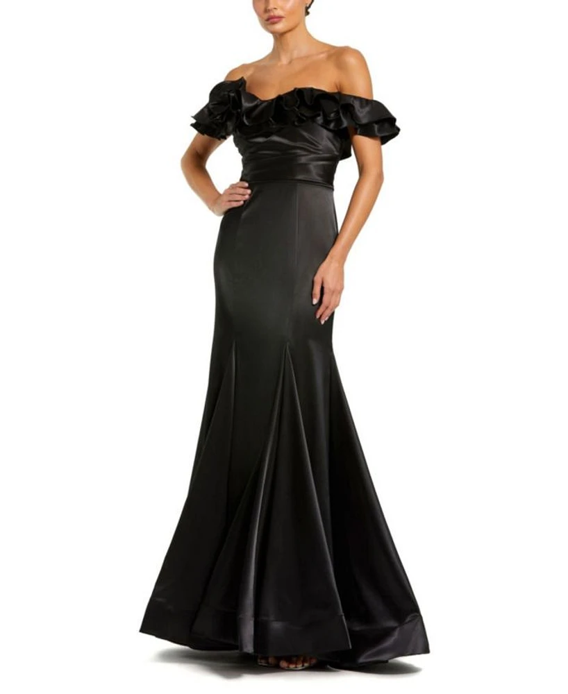 Satin Ruffle Detail Off The Shoulder Mermaid Gown