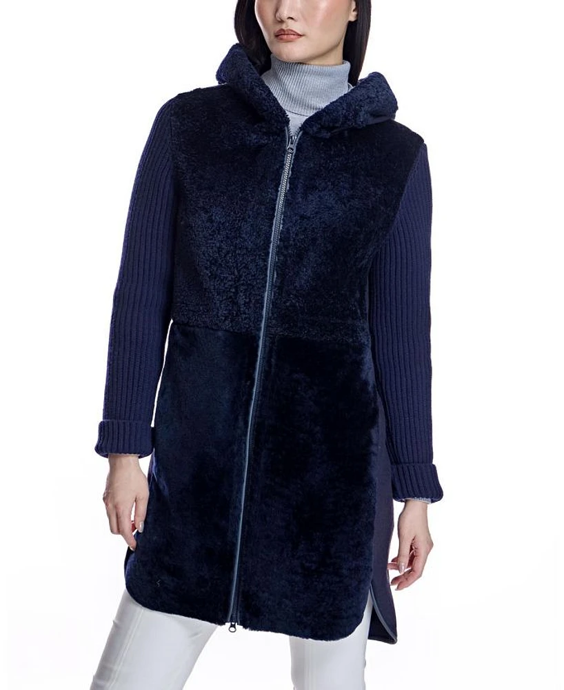 Hooded Shearling Coat with Knit Trim