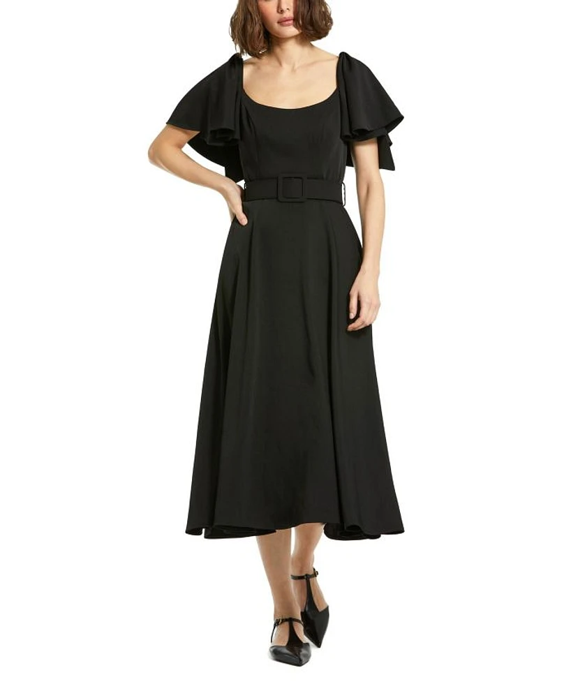 Crepe Ruffle Sleeve Belted Midi Dress