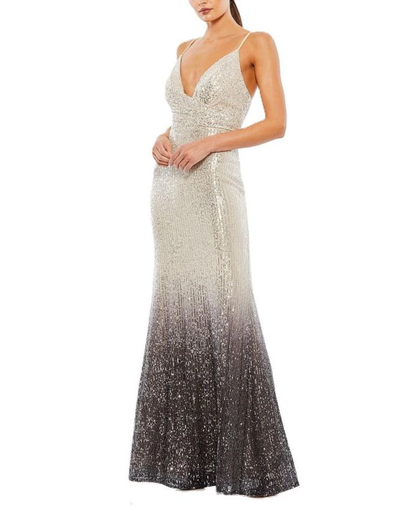 Plunge Neck Ombre Sequin Gown