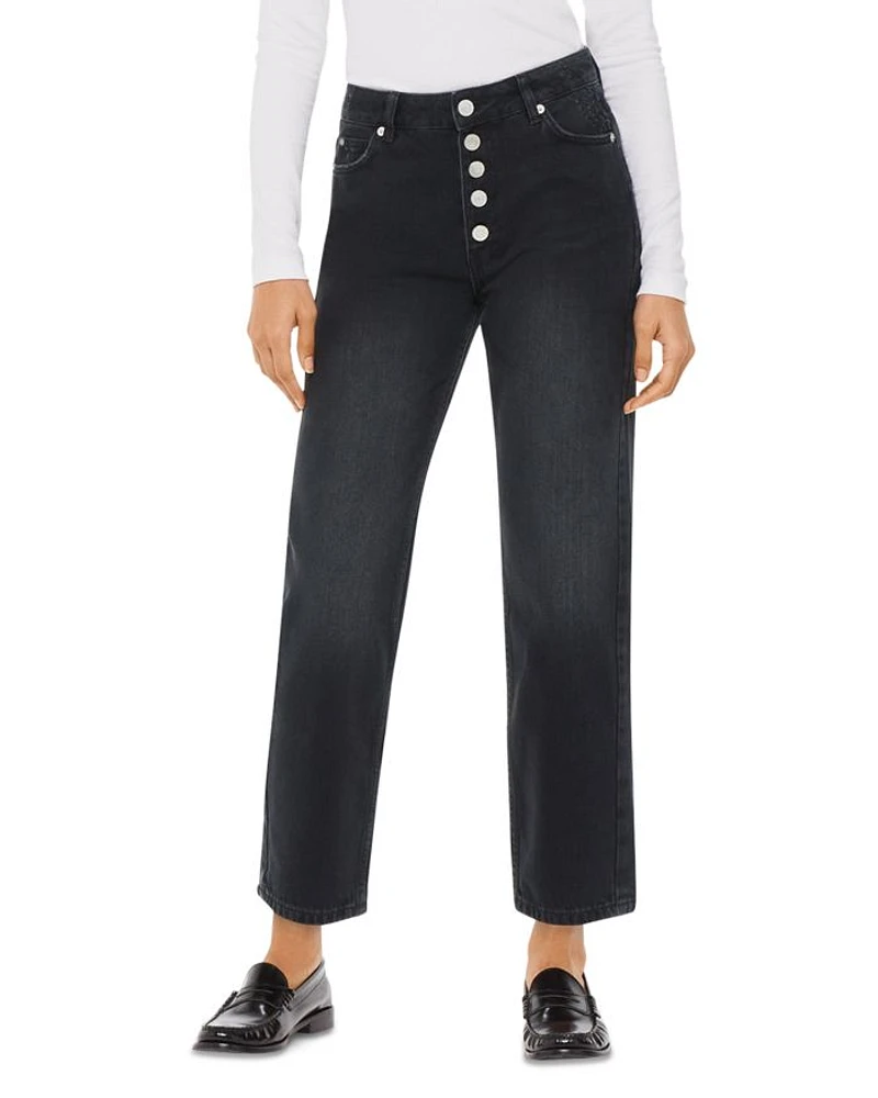 Hollie Button Front High Rise Cropped Straight Jeans Black