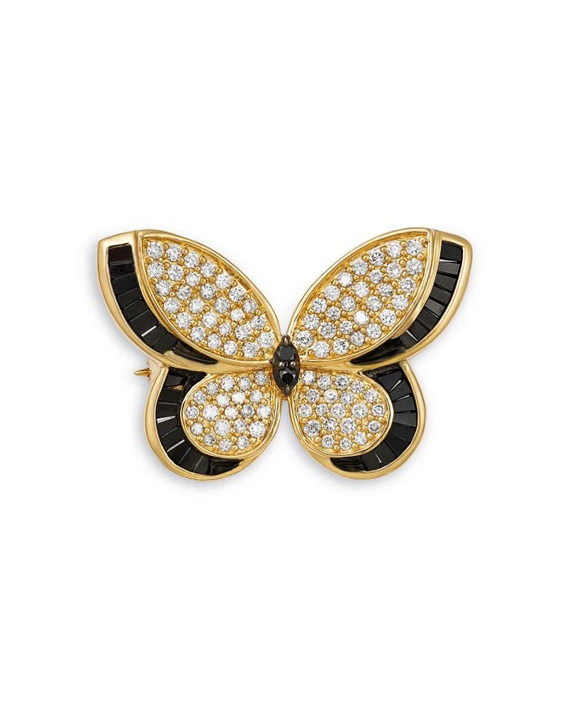Black & White Diamond Pavé Butterfly Brooch in 14K Yellow Gold, 1.00 tcw