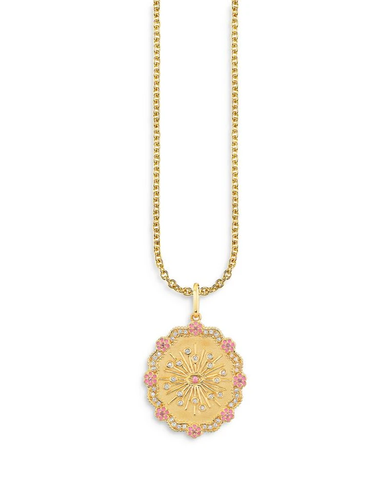 Wicked x Sydney Evan 14K Yellow Gold Glinda Wand Diamond & Pink Sapphire Coin Pendant Necklace, 18"