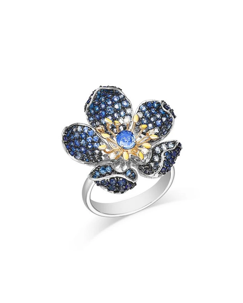 Blue Sapphire (2.88 tcw) & Diamond (0.05 tcw) Flower Ring in 14K Yellow & White Gold