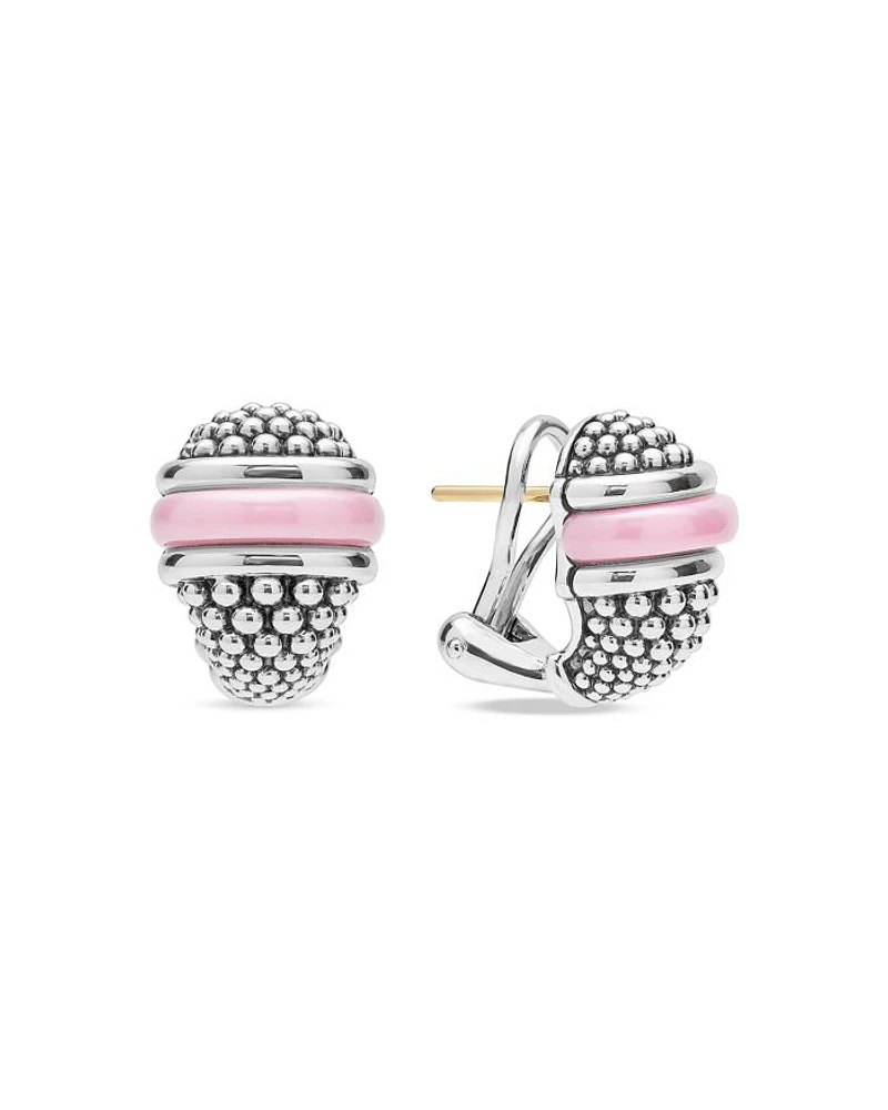 Sterling Silver Ceramic Pink Caviar Omega Clip Earrings