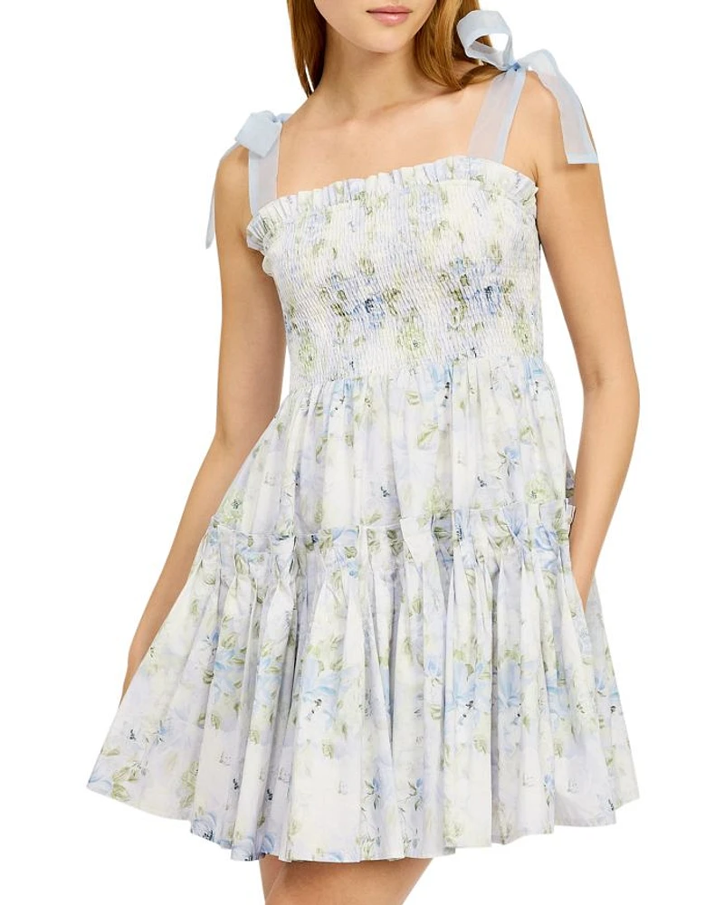 Smocked Contrast Organza Tie Mini Dress