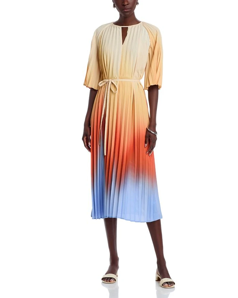 Pleated Ombre Crepe de Chine Dress