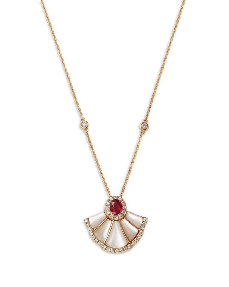 Ruby, Mother of Pearl & Diamond Pendant Necklace in 14K Yellow Gold, 18"
