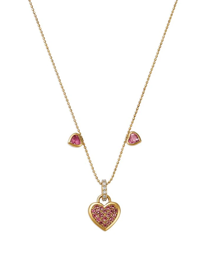 14K Yellow Gold Diamond & Pink Tourmaline Heart Pendant Necklace, 18"