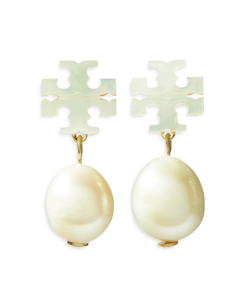 Kira Mother Of Pearl Double T & Cultured Freshwater Pearl Earrings in Gold Tone
