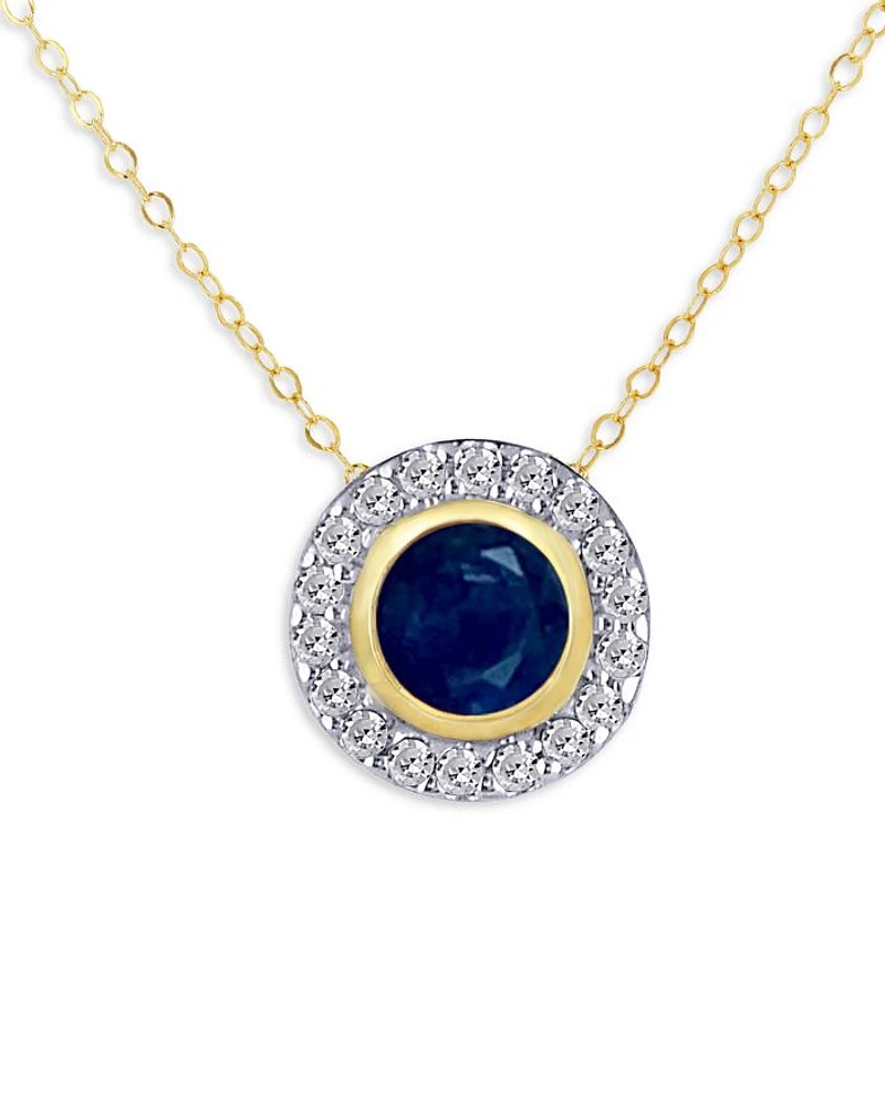 14K Yellow Gold Sapphire & Diamond Halo Stud Pendant Necklace, 18"