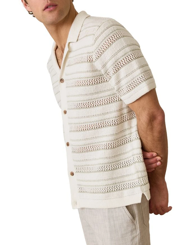 Open Knit Striped Short Sleeve Button Up
