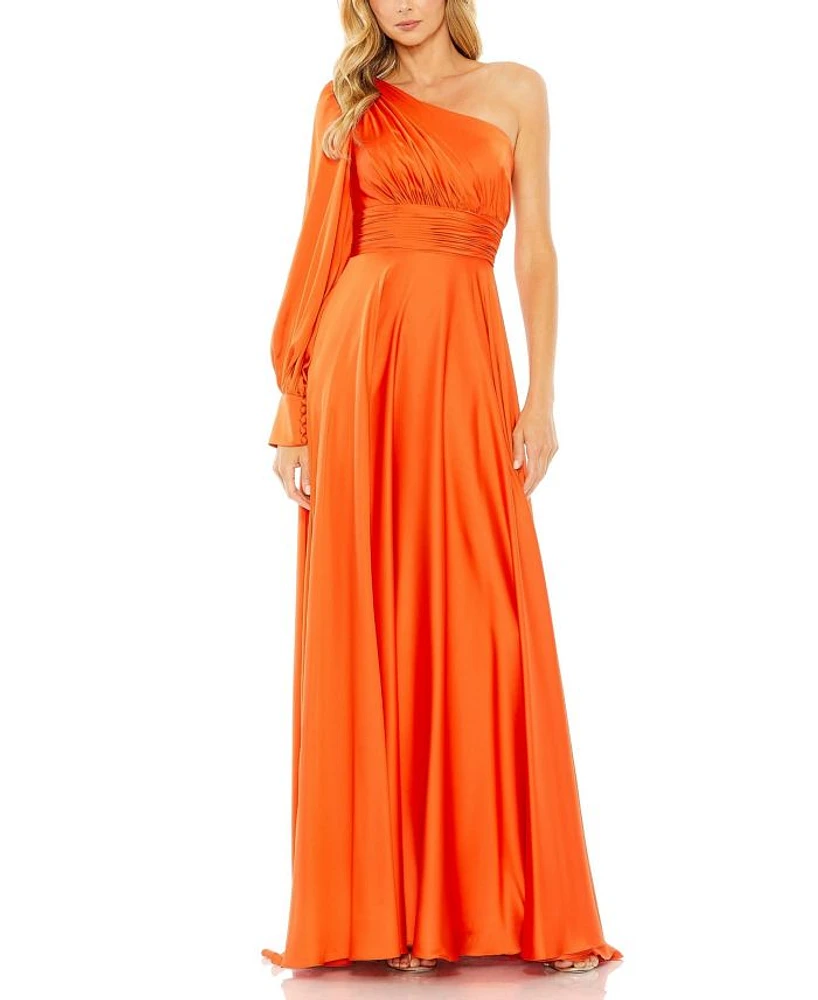 One Shoulder Bishop Sleeve Flowy Gown