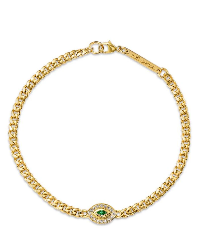 14K Yellow Gold Emerald Marquis & Diamond Evil Eye Link Bracelet