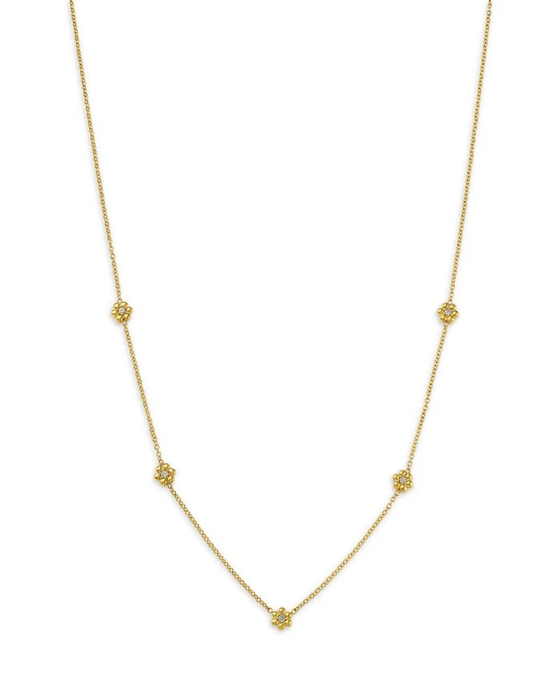 14K Yellow Gold Prong Diamonds Tiny Bead Flower Collar Necklace, 14-16"