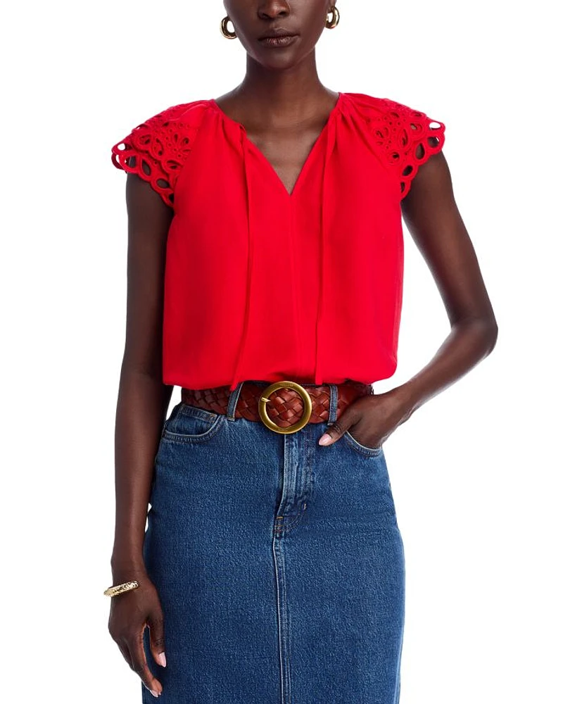 Embroidered Puff Sleeve Split Neck Blouse