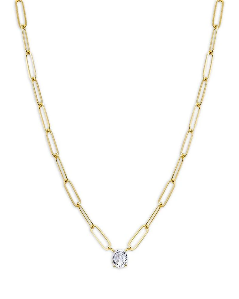 Cubic Zirconia Solitaire Four Prong Paperclip Necklace, 16"-18"