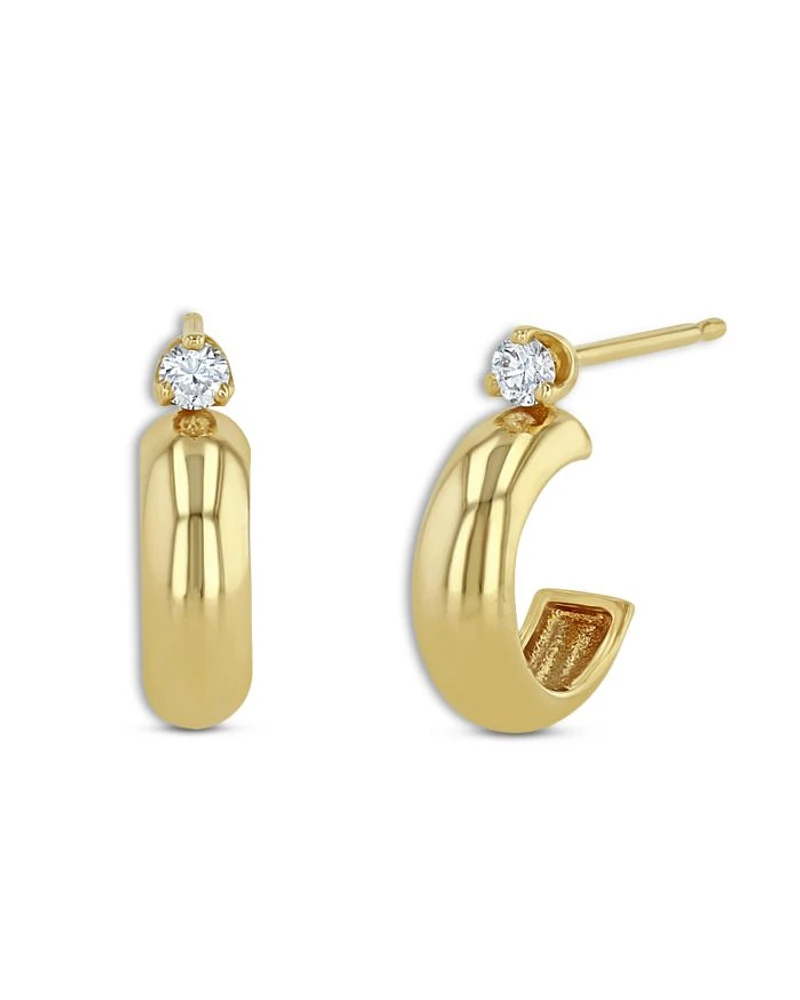 14K Yellow Gold Diamond Huggie Hoop Earrings