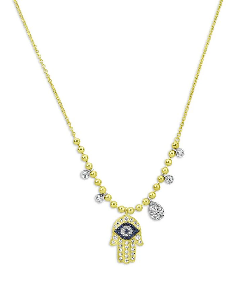 14K White Gold & Yellow Gold Blue Sapphire & Diamond Hamsa Hand Pendant Necklace, 18"