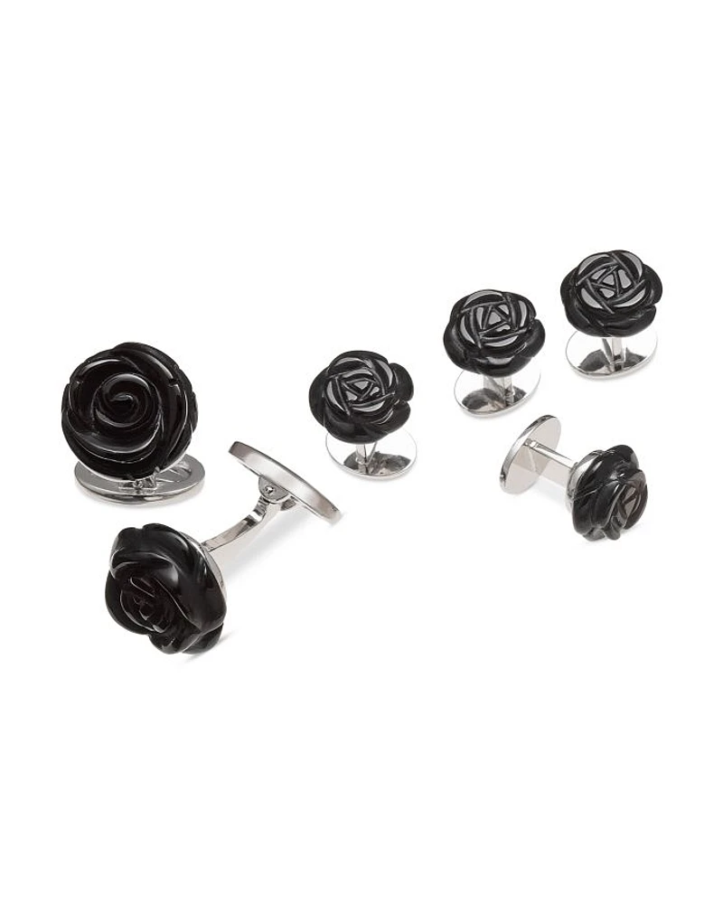 Carved Rose Sterling Silver & Black Onyx Stud & Cufflink Set