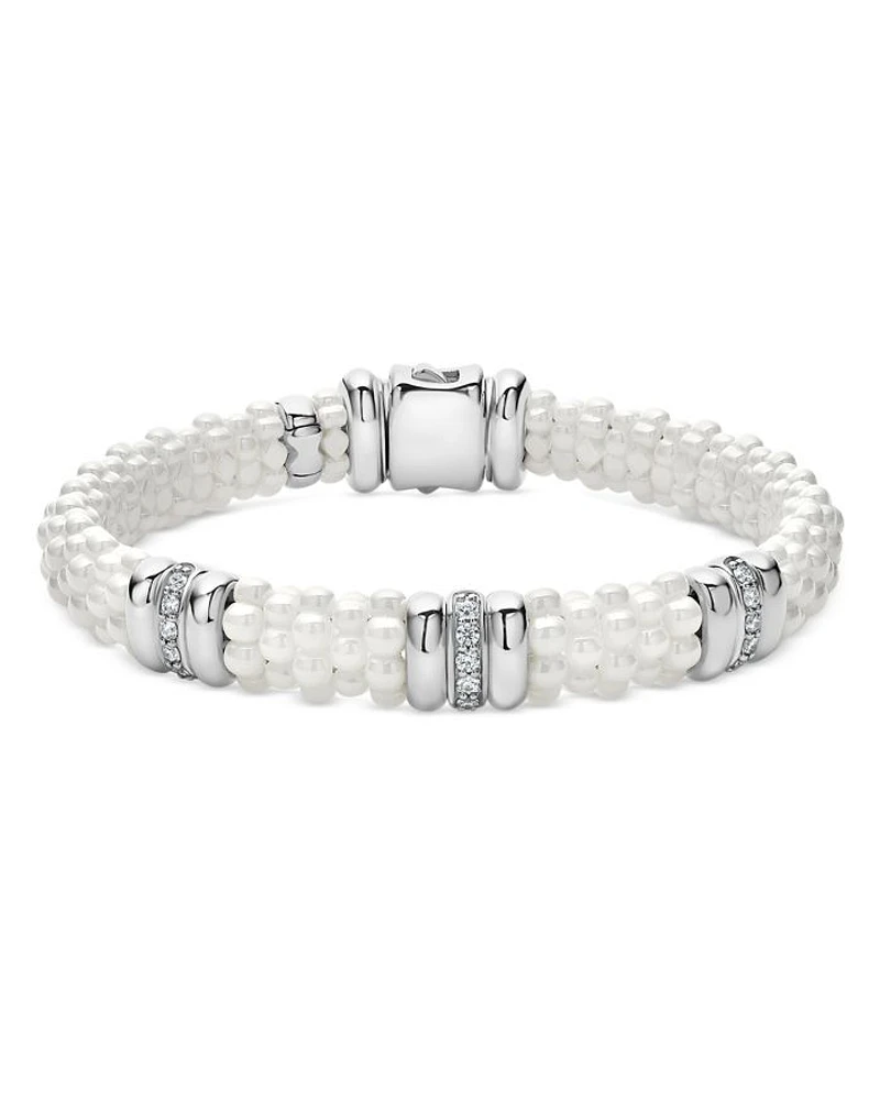 Sterling Silver & Ceramic White Caviar Diamond Three Station Bracelet