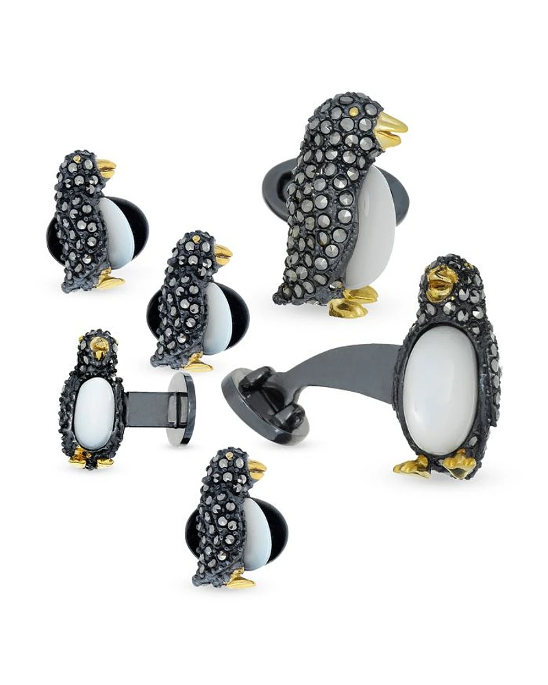 Penguin Sterling Silver, Mother Of Pearl & Marcasite Stud & Cufflink Set